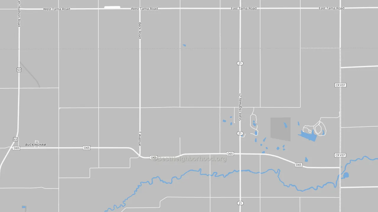 Walk Grade map of 50612, IA, walkable areas in green and car-dependent areas in red
