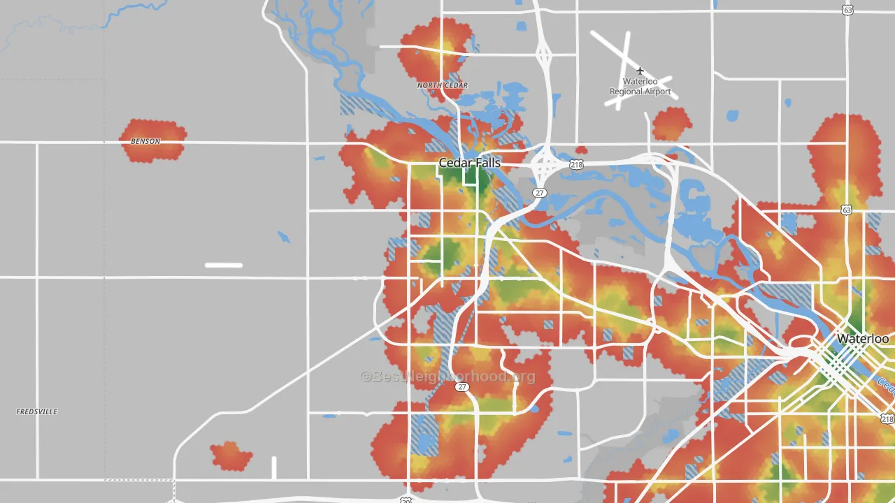 Walk Grade map of 50613, IA, walkable areas in green and car-dependent areas in red