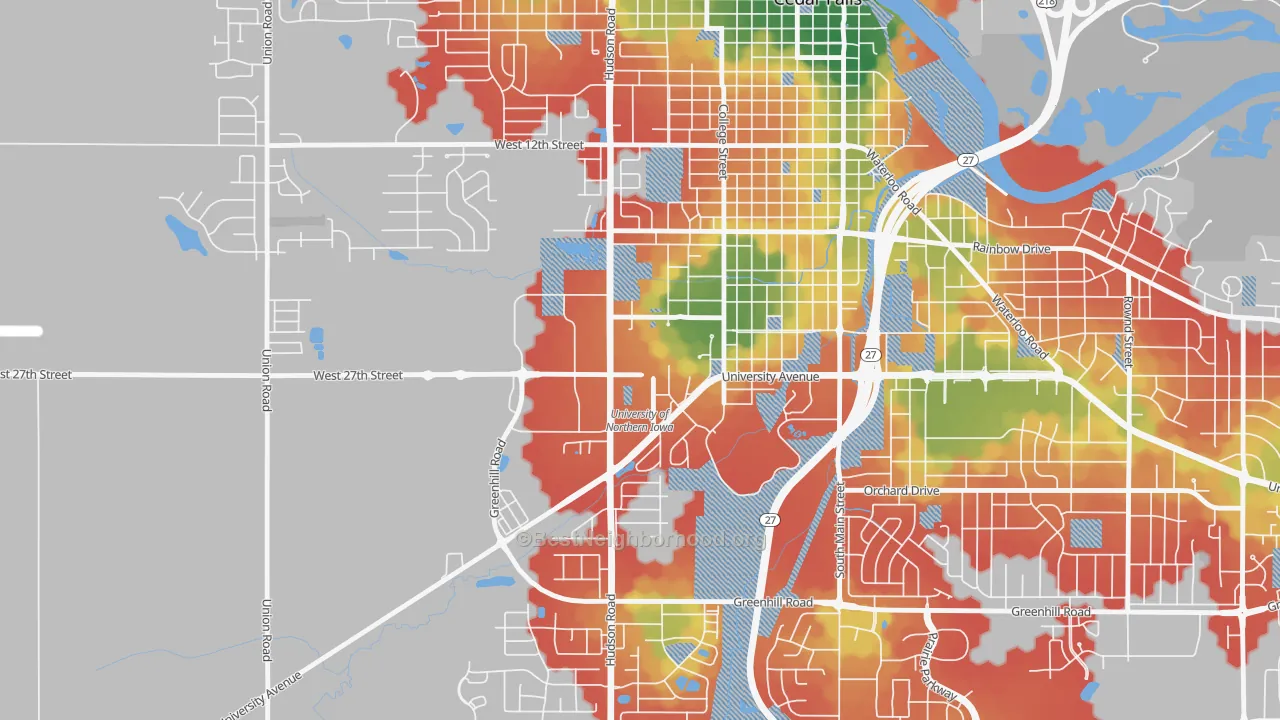 Walk Grade map of 50614, IA, walkable areas in green and car-dependent areas in red