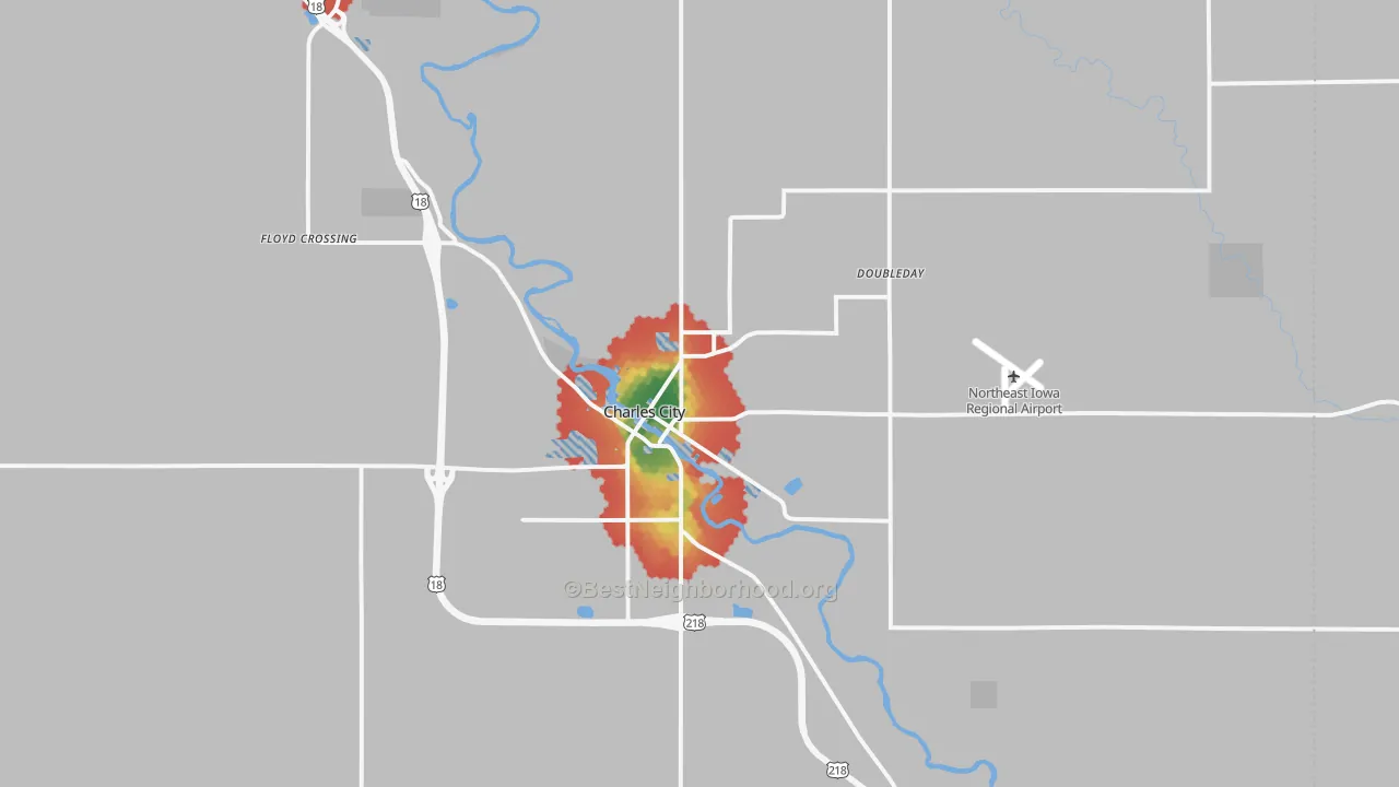 Walk Grade map of 50616, IA, walkable areas in green and car-dependent areas in red