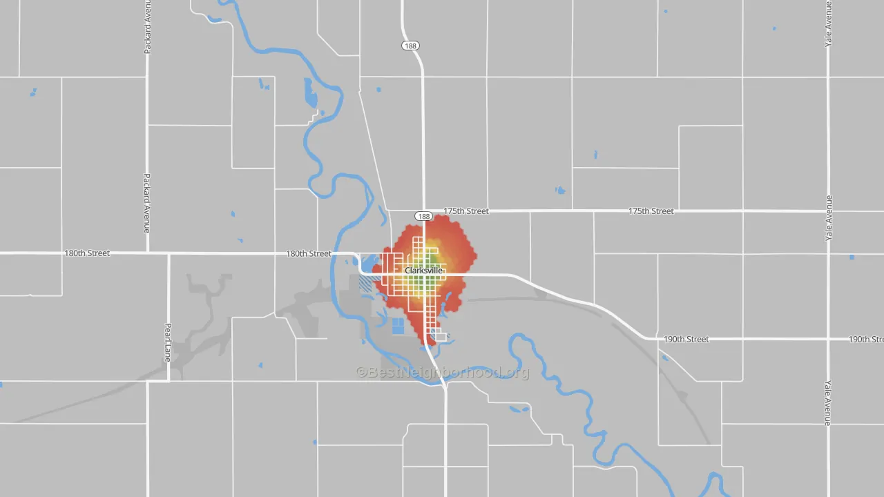Walk Grade map of 50619, IA, walkable areas in green and car-dependent areas in red