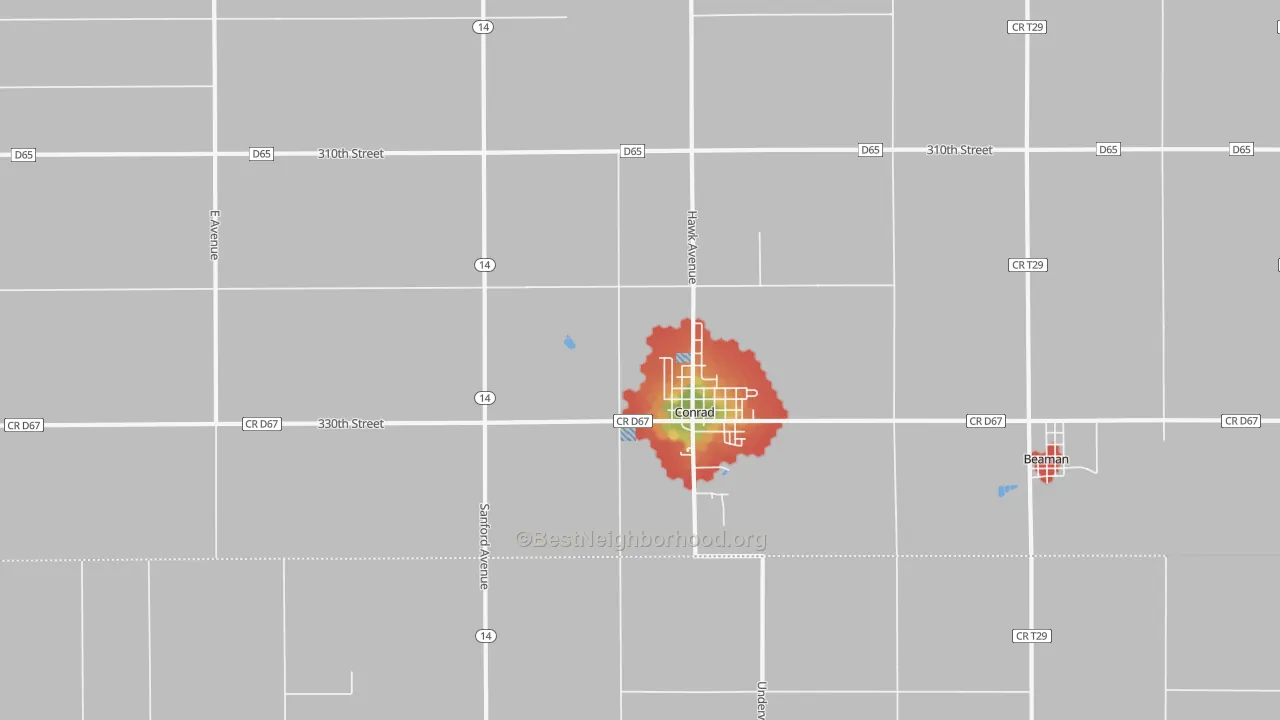 Walk Grade map of 50621, IA, walkable areas in green and car-dependent areas in red