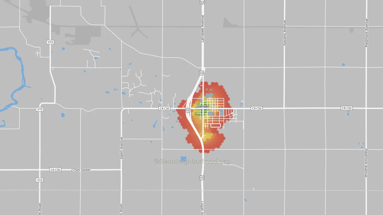 Walk Grade map of 50622, IA, walkable areas in green and car-dependent areas in red