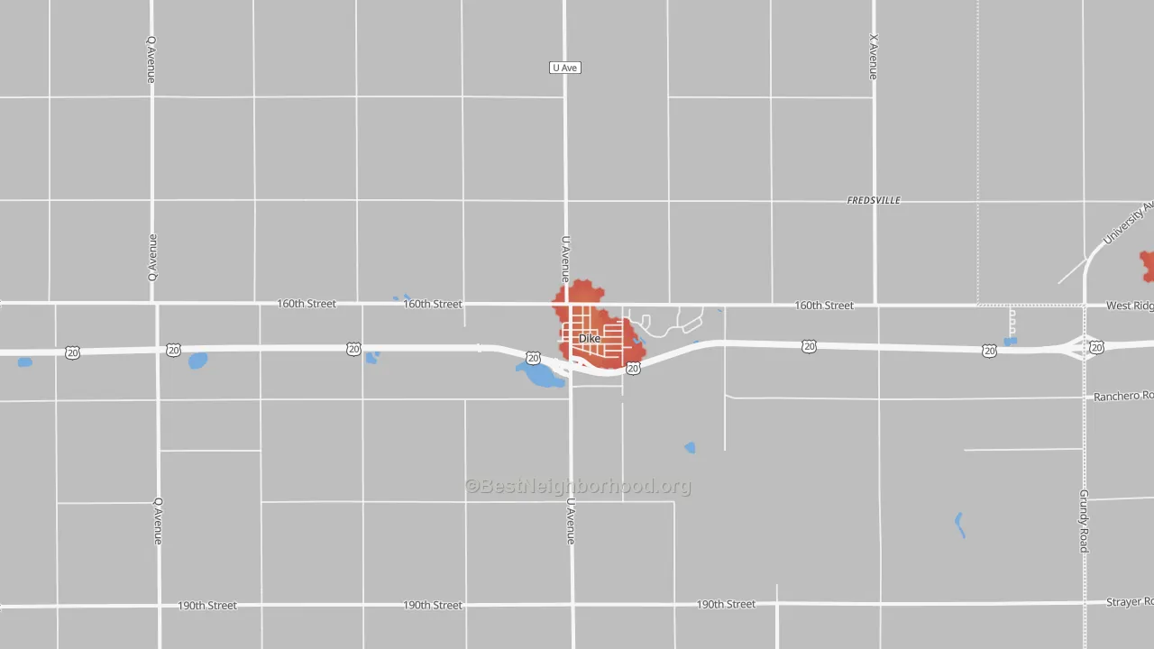 Walk Grade map of 50624, IA, walkable areas in green and car-dependent areas in red