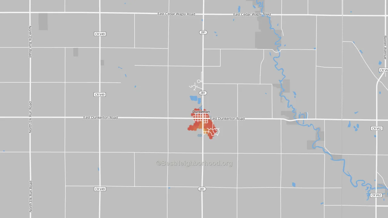Walk Grade map of 50626, IA, walkable areas in green and car-dependent areas in red