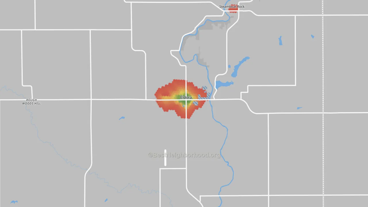 Walk Grade map of 50627, IA, walkable areas in green and car-dependent areas in red