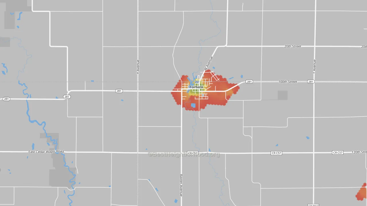 Walk Grade map of 50629, IA, walkable areas in green and car-dependent areas in red