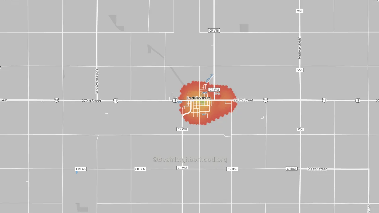 Walk Grade map of 50630, IA, walkable areas in green and car-dependent areas in red