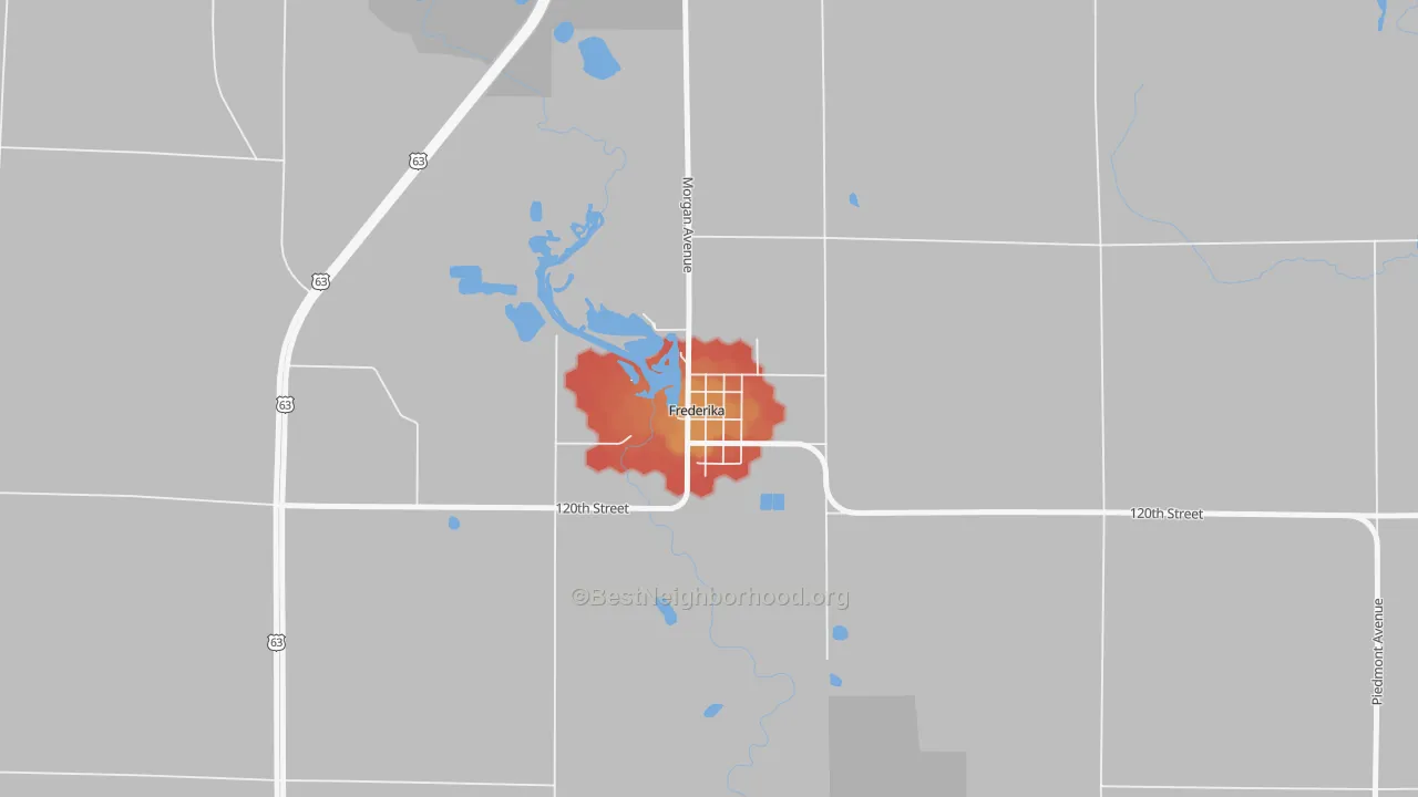 Walk Grade map of 50631, IA, walkable areas in green and car-dependent areas in red