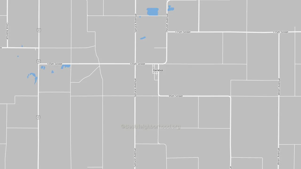 Walk Grade map of 50633, IA, walkable areas in green and car-dependent areas in red