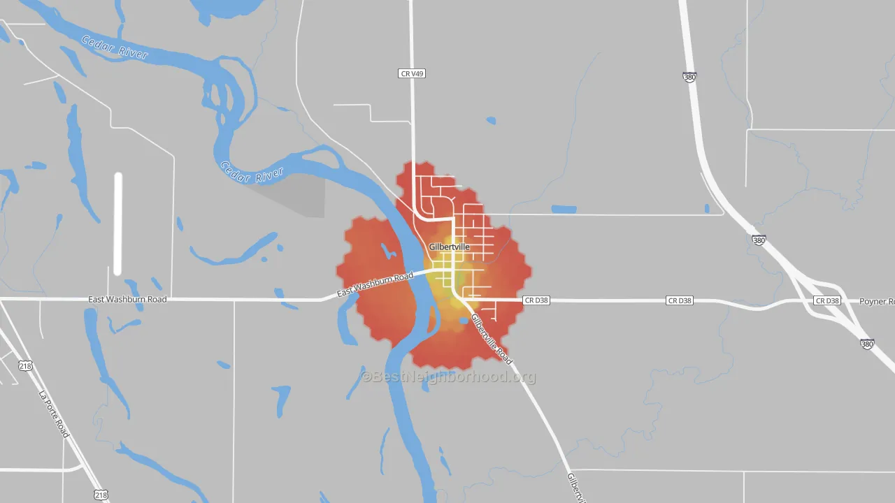 Walk Grade map of 50634, IA, walkable areas in green and car-dependent areas in red