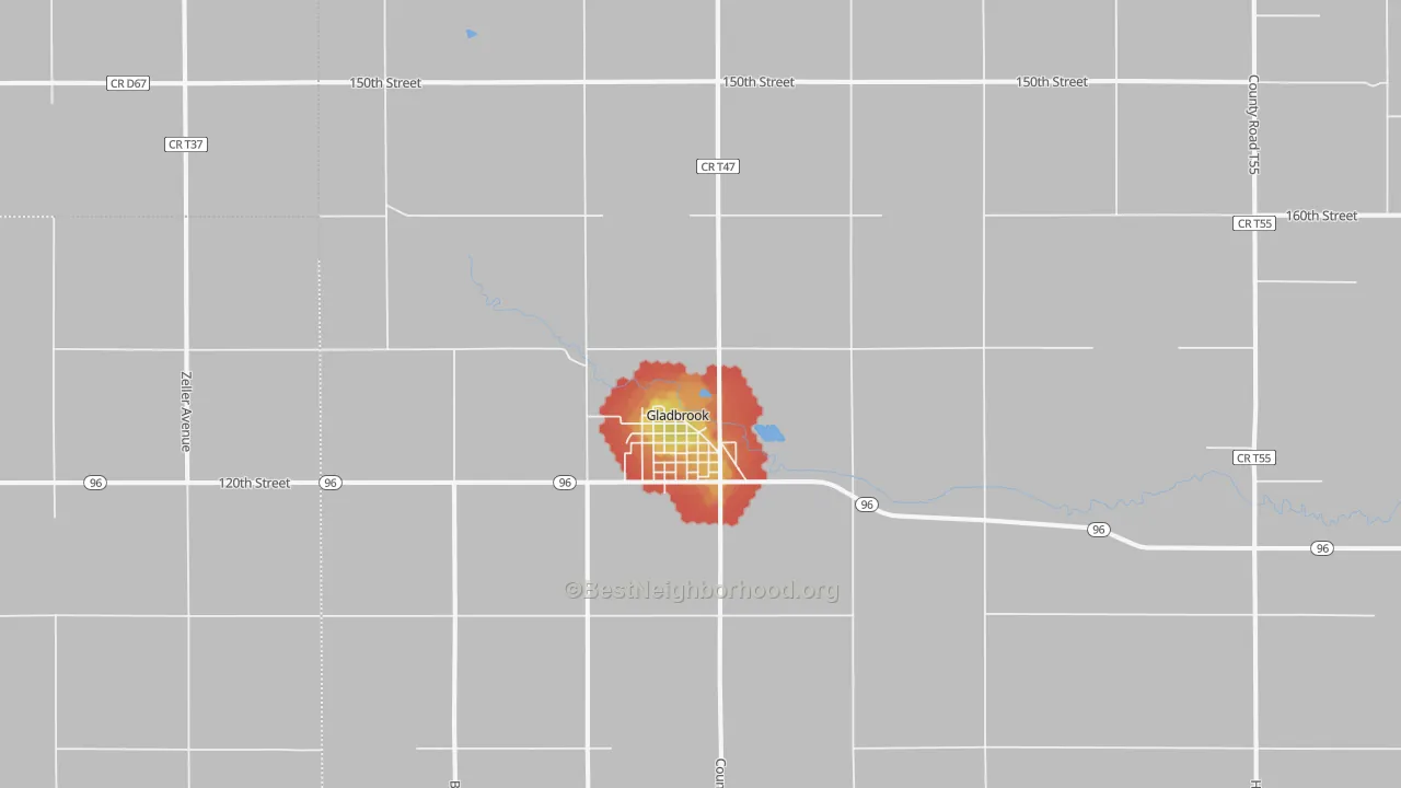 Walk Grade map of 50635, IA, walkable areas in green and car-dependent areas in red
