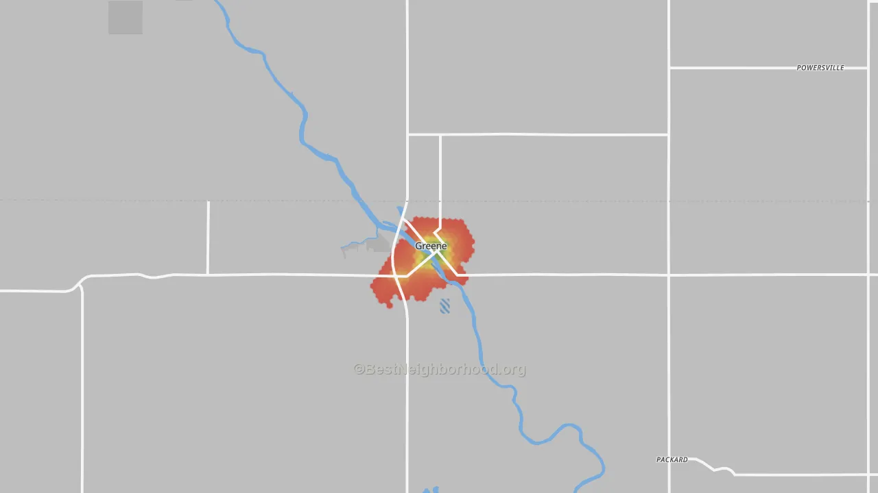 Walk Grade map of 50636, IA, walkable areas in green and car-dependent areas in red