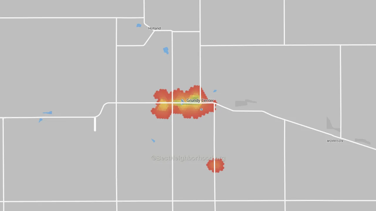 Walk Grade map of 50638, IA, walkable areas in green and car-dependent areas in red