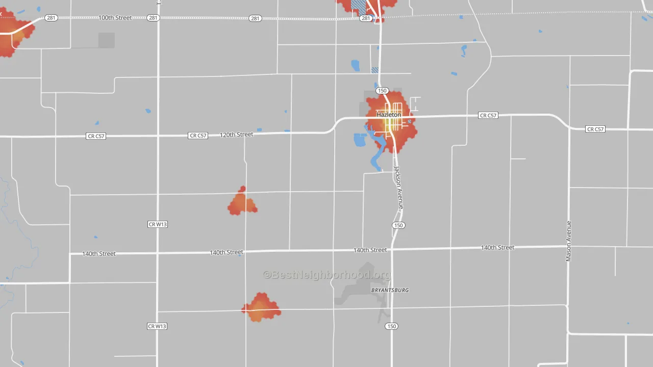 Walk Grade map of 50641, IA, walkable areas in green and car-dependent areas in red