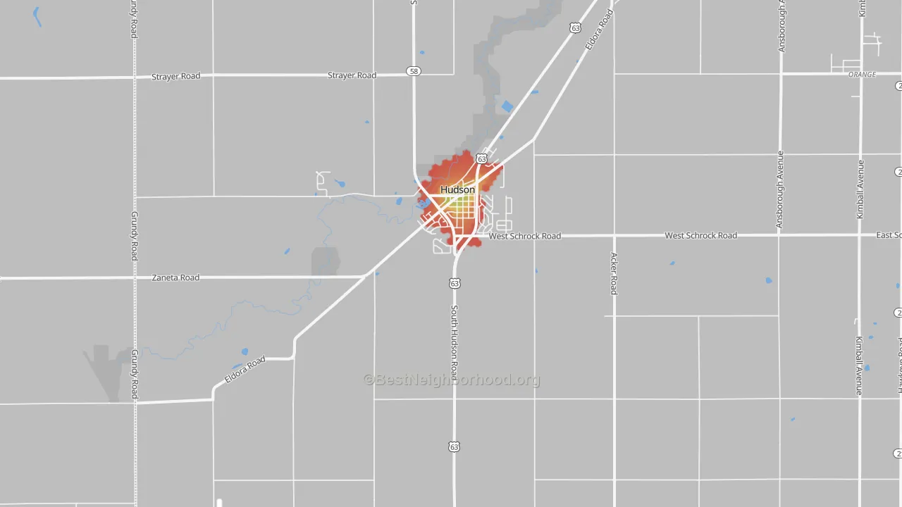 Walk Grade map of 50643, IA, walkable areas in green and car-dependent areas in red