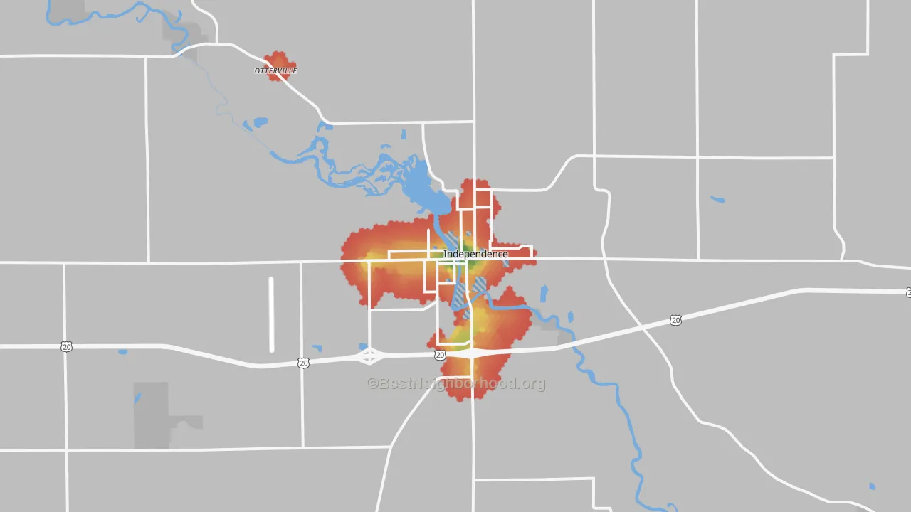 Walk Grade map of 50644, IA, walkable areas in green and car-dependent areas in red