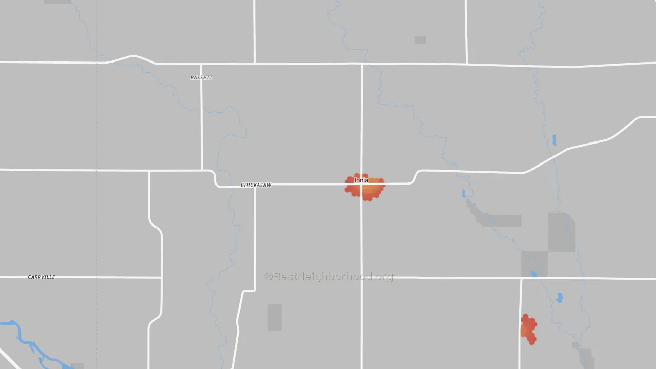 Walk Grade map of 50645, IA, walkable areas in green and car-dependent areas in red