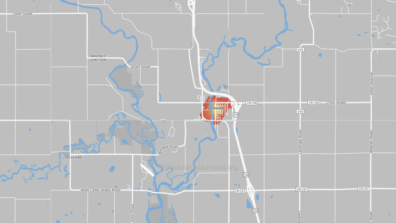 Walk Grade map of 50647, IA, walkable areas in green and car-dependent areas in red