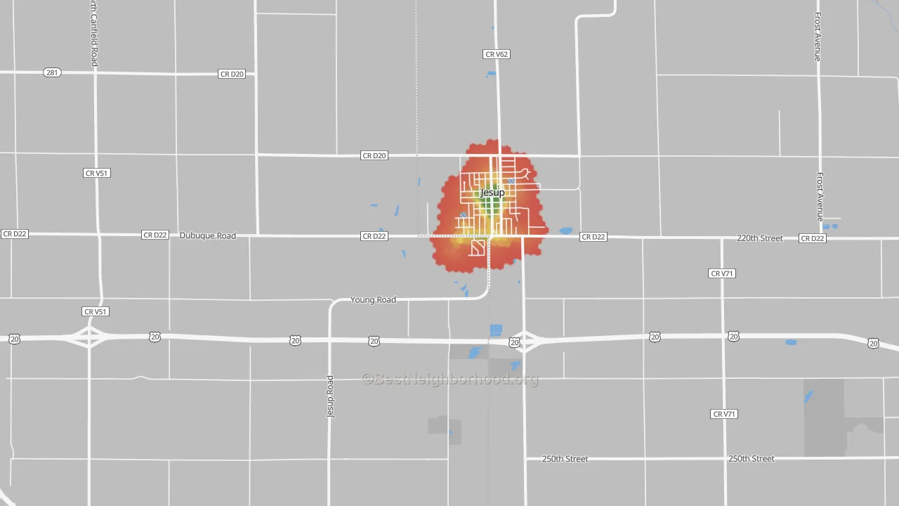 Walk Grade map of 50648, IA, walkable areas in green and car-dependent areas in red