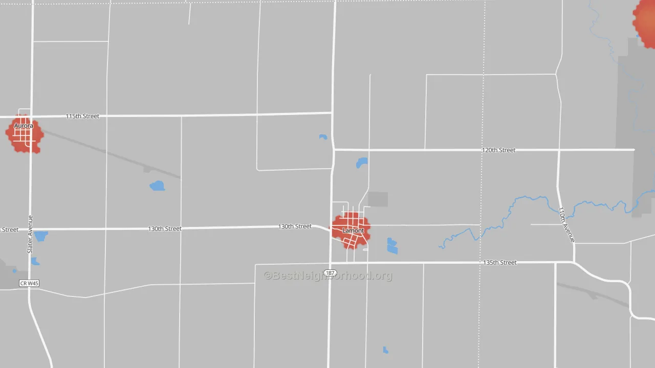 Walk Grade map of 50650, IA, walkable areas in green and car-dependent areas in red