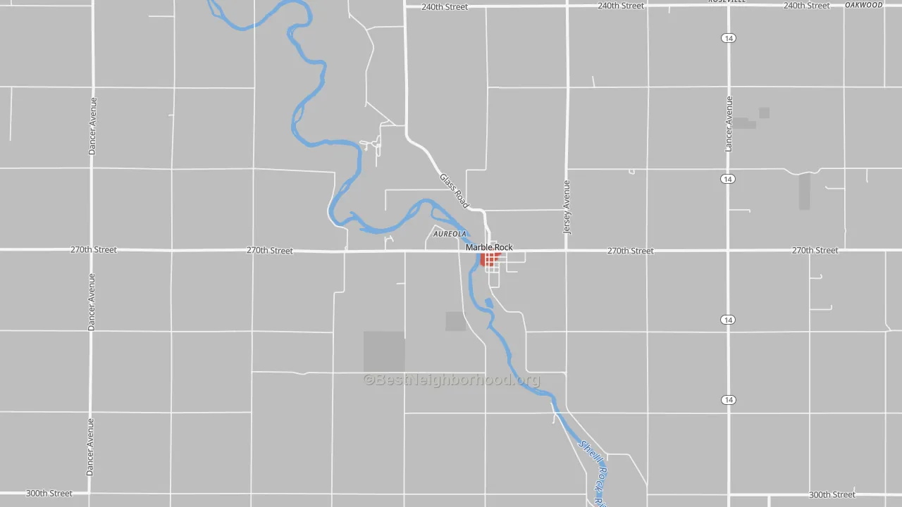 Walk Grade map of 50653, IA, walkable areas in green and car-dependent areas in red