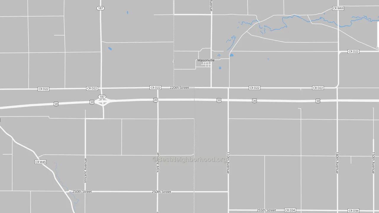 Walk Grade map of 50654, IA, walkable areas in green and car-dependent areas in red