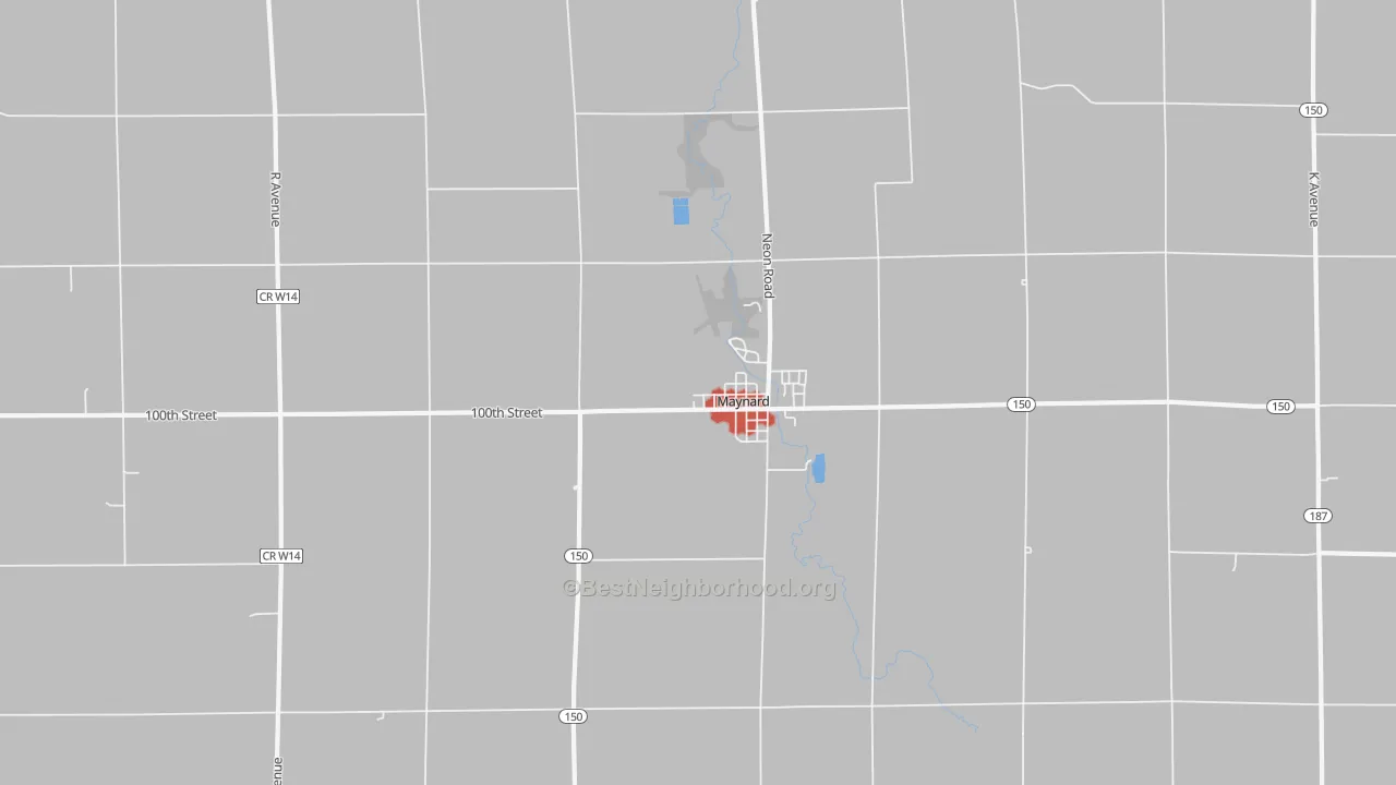 Walk Grade map of 50655, IA, walkable areas in green and car-dependent areas in red