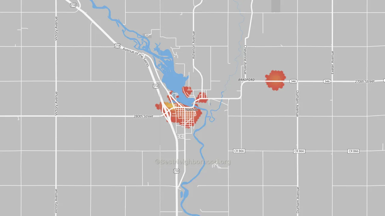 Walk Grade map of 50658, IA, walkable areas in green and car-dependent areas in red
