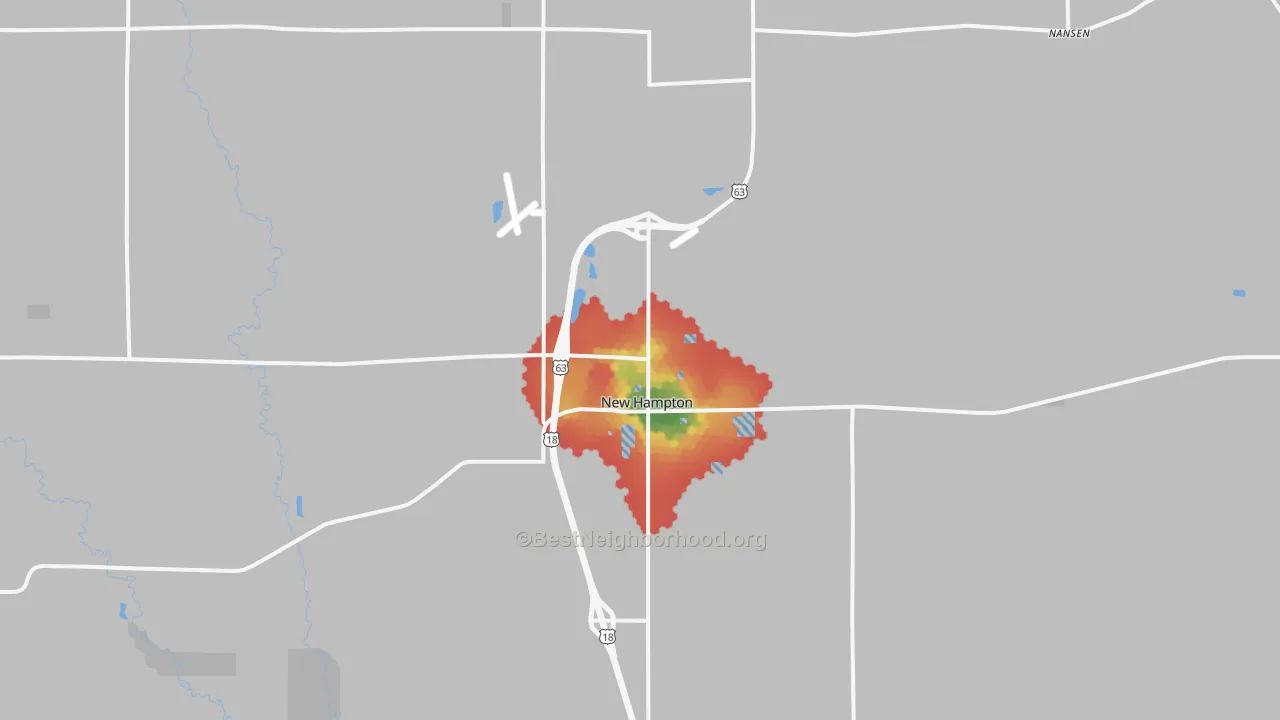 Walk Grade map of 50659, IA, walkable areas in green and car-dependent areas in red