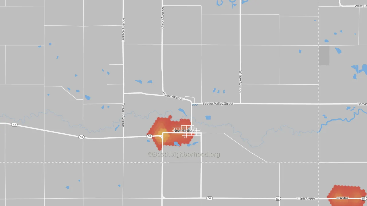 Walk Grade map of 50660, IA, walkable areas in green and car-dependent areas in red