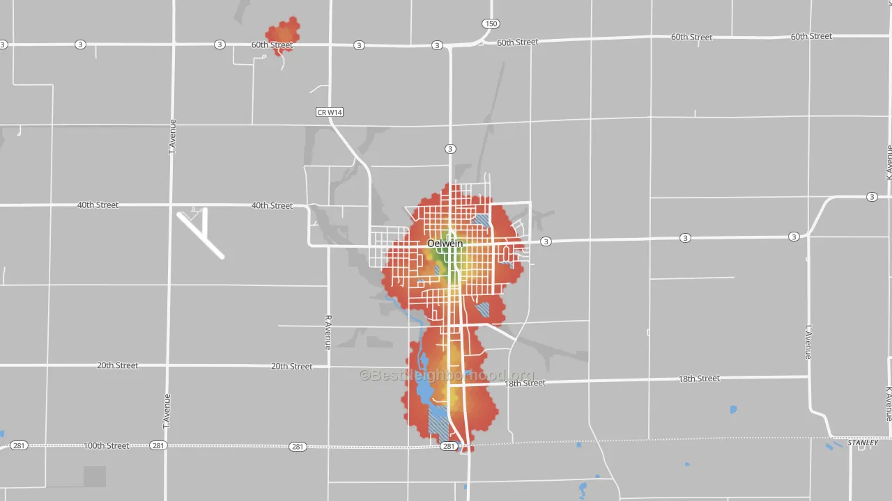 Walk Grade map of 50662, IA, walkable areas in green and car-dependent areas in red