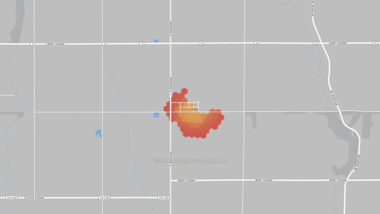 Walk Grade map of 50664, IA, walkable areas in green and car-dependent areas in red