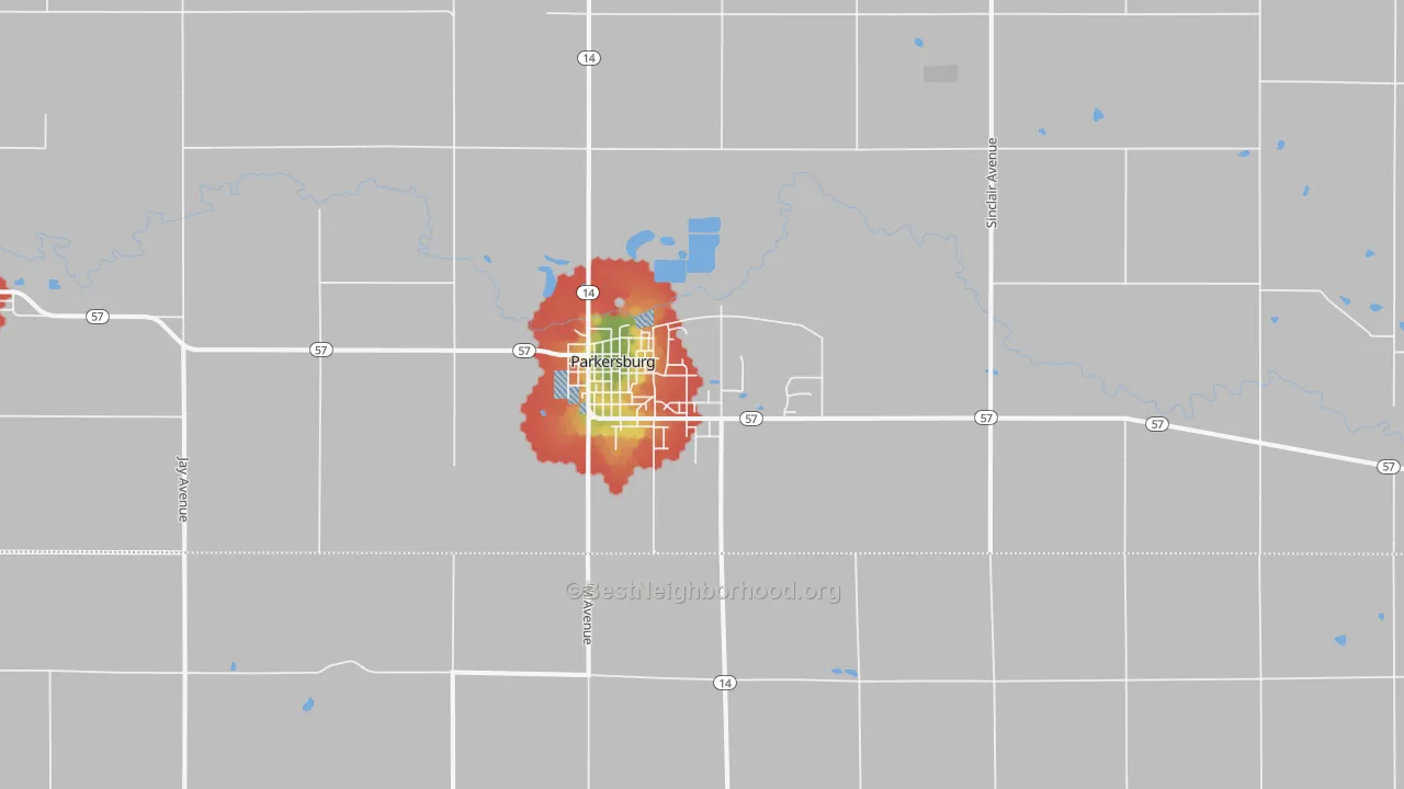 Walk Grade map of 50665, IA, walkable areas in green and car-dependent areas in red