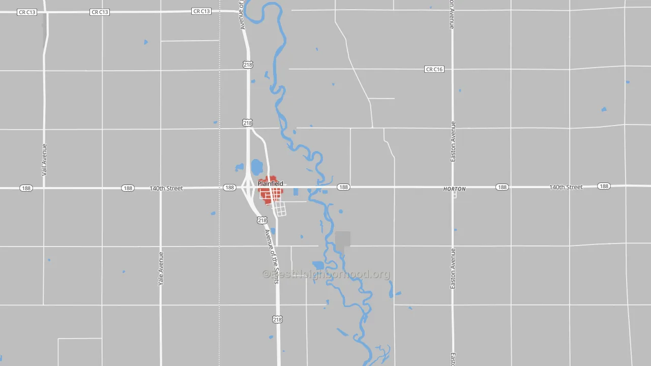 Walk Grade map of 50666, IA, walkable areas in green and car-dependent areas in red