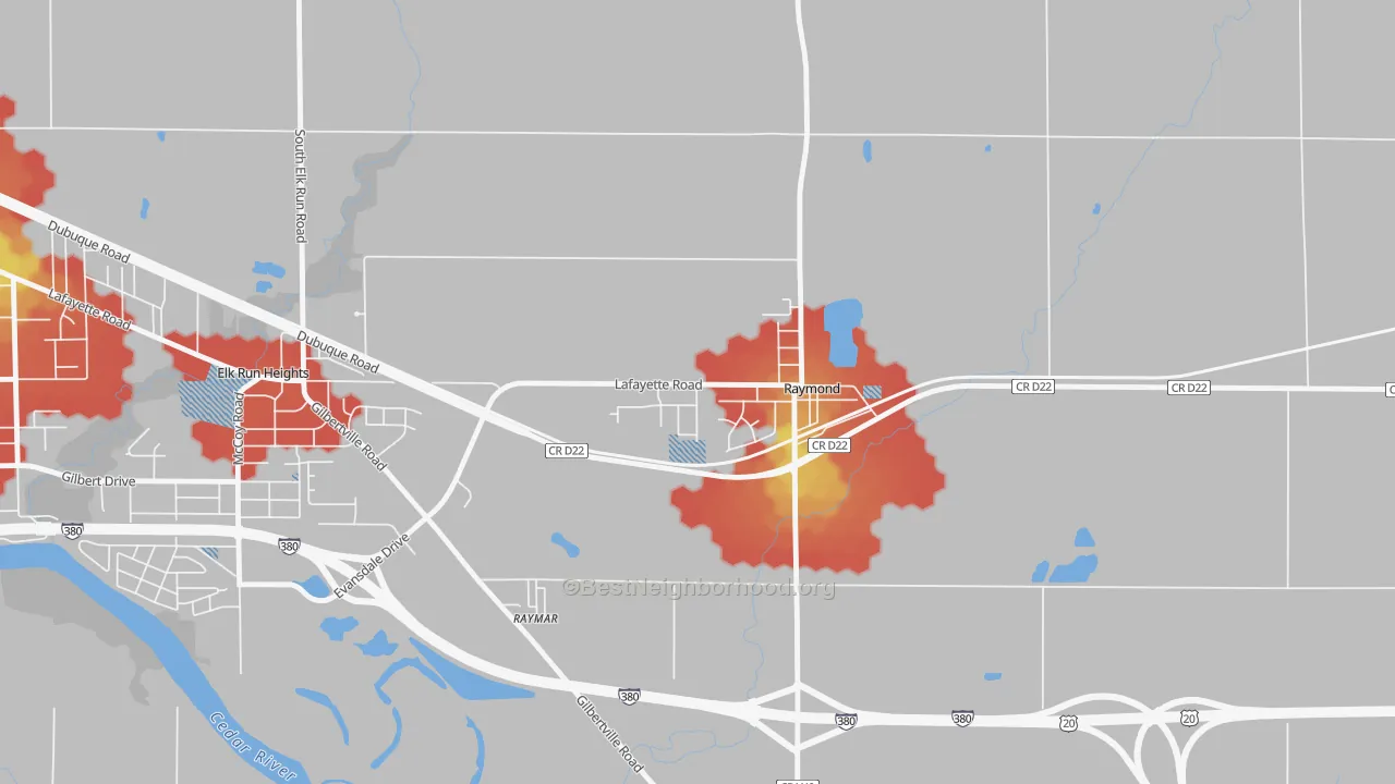 Walk Grade map of 50667, IA, walkable areas in green and car-dependent areas in red