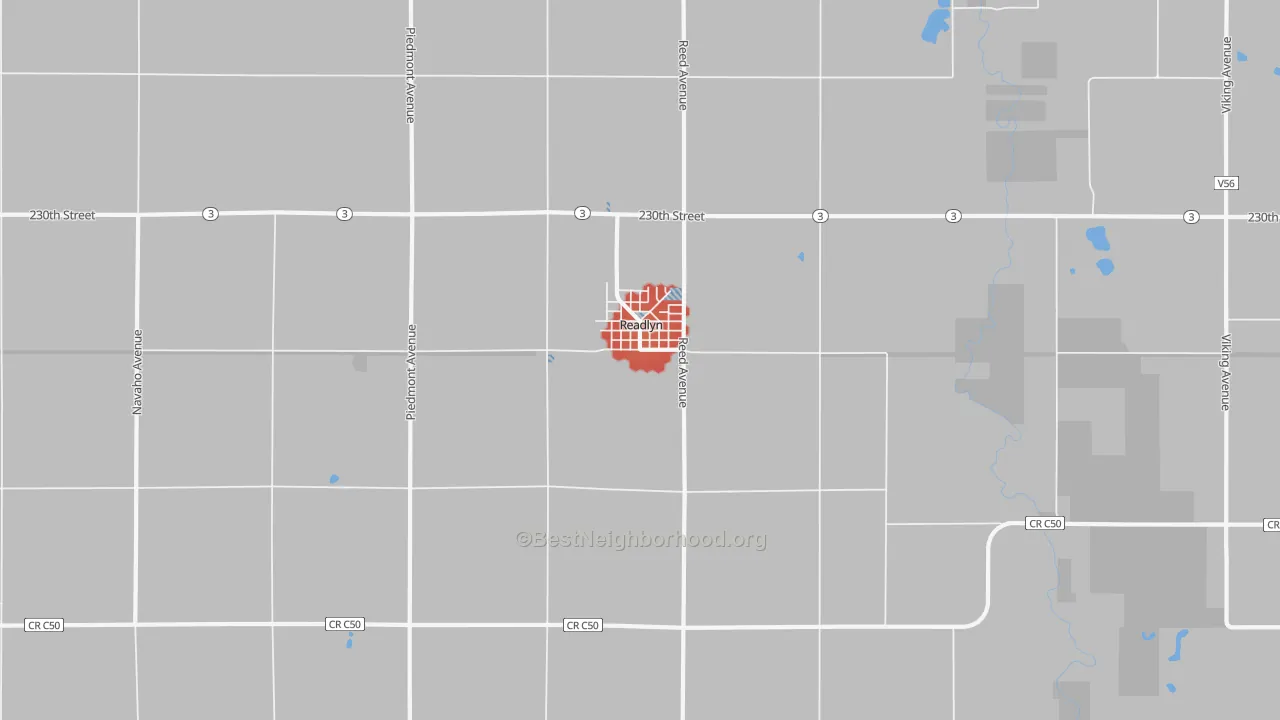 Walk Grade map of 50668, IA, walkable areas in green and car-dependent areas in red