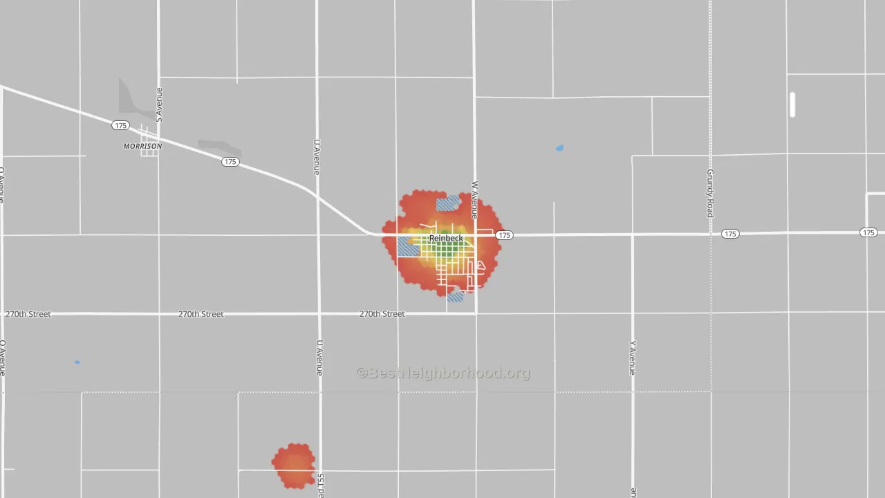 Walk Grade map of 50669, IA, walkable areas in green and car-dependent areas in red