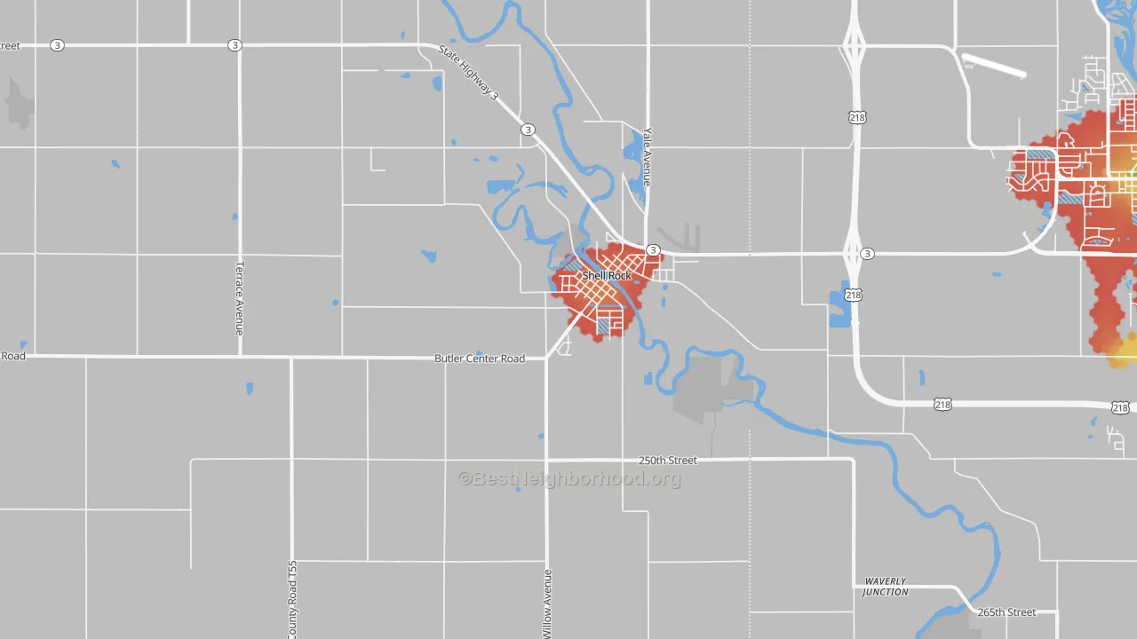 Walk Grade map of 50670, IA, walkable areas in green and car-dependent areas in red