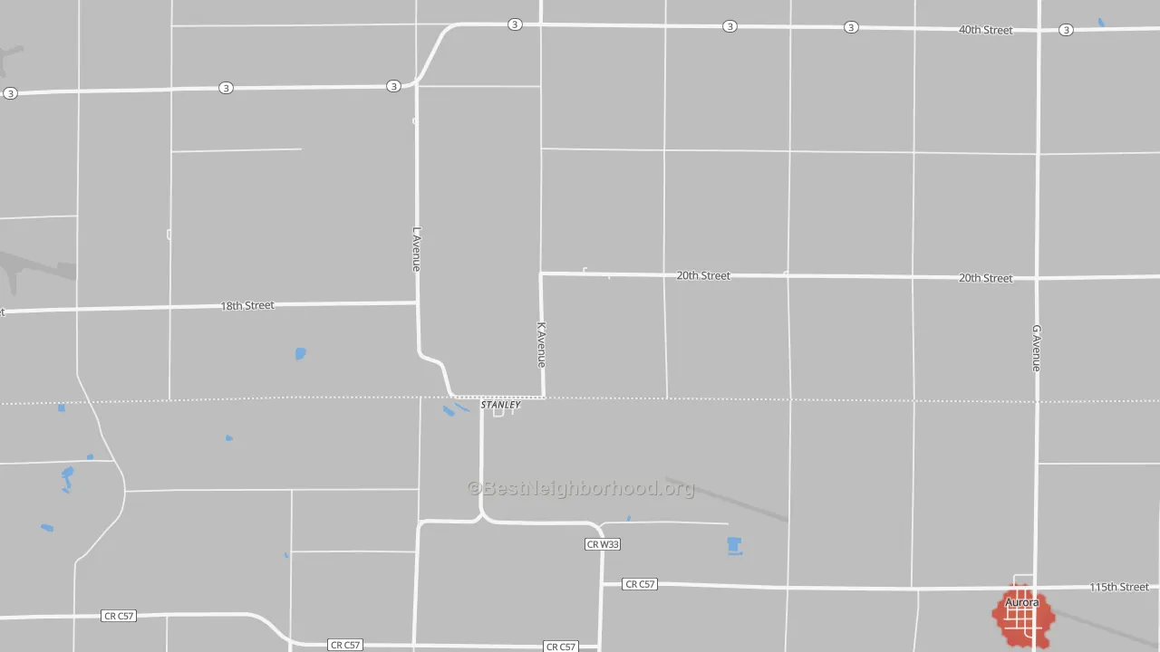 Walk Grade map of 50671, IA, walkable areas in green and car-dependent areas in red