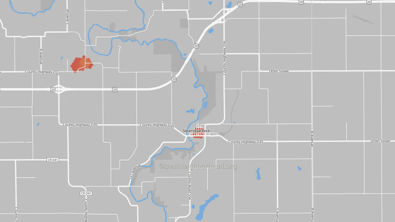 Walk Grade map of 50672, IA, walkable areas in green and car-dependent areas in red