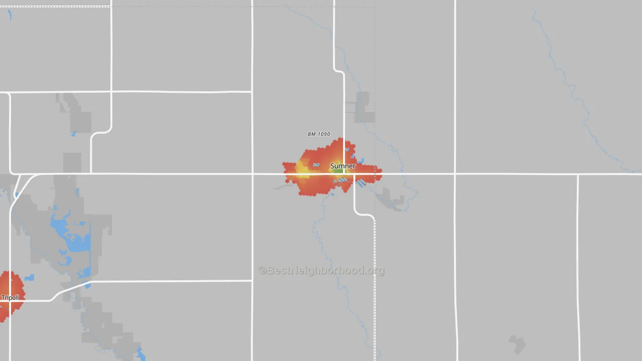 Walk Grade map of 50674, IA, walkable areas in green and car-dependent areas in red