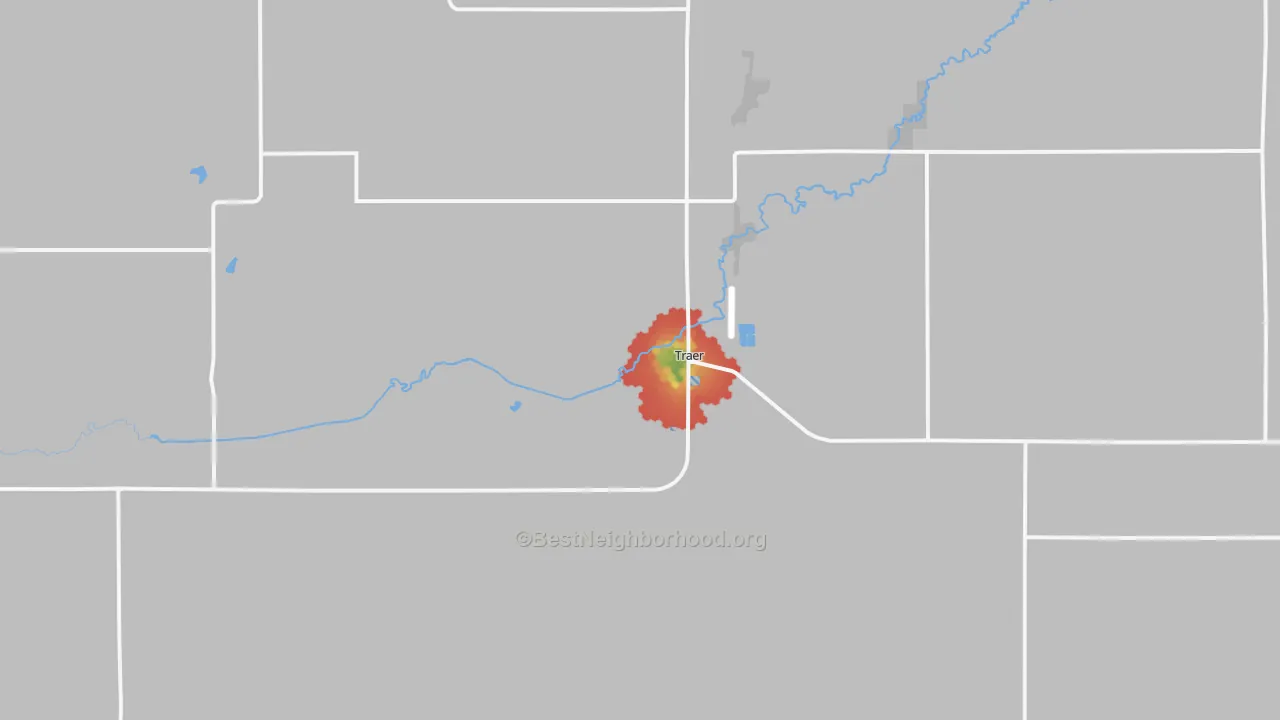 Walk Grade map of 50675, IA, walkable areas in green and car-dependent areas in red