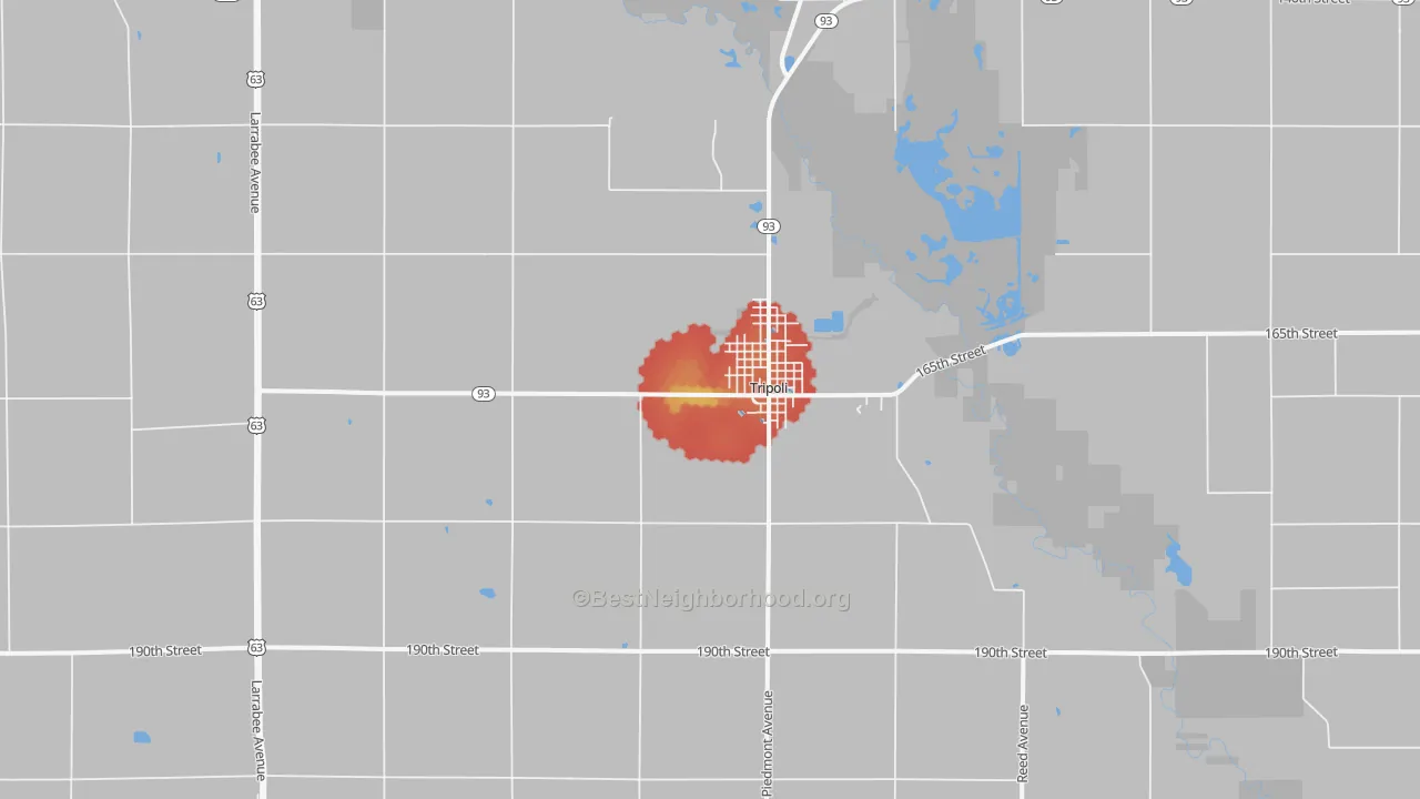 Walk Grade map of 50676, IA, walkable areas in green and car-dependent areas in red