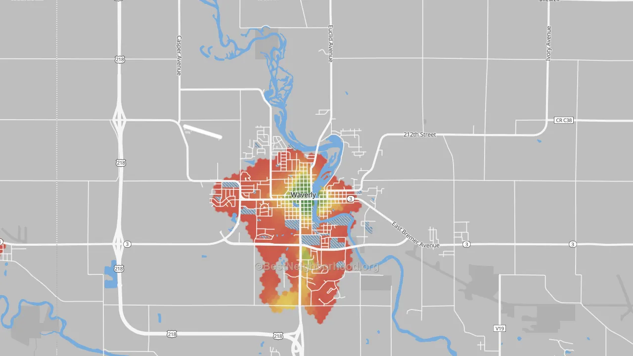 Walk Grade map of 50677, IA, walkable areas in green and car-dependent areas in red