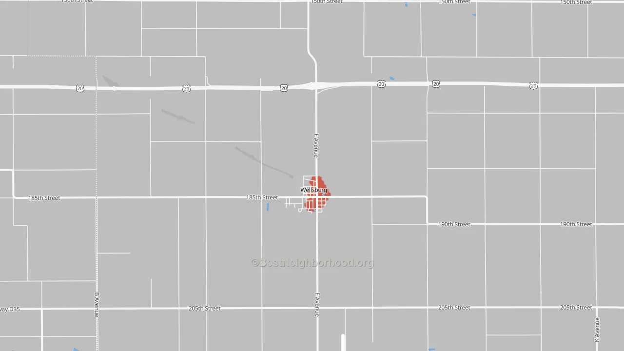 Walk Grade map of 50680, IA, walkable areas in green and car-dependent areas in red