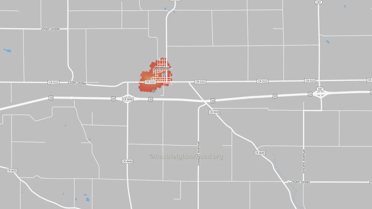 Walk Grade map of 50682, IA, walkable areas in green and car-dependent areas in red