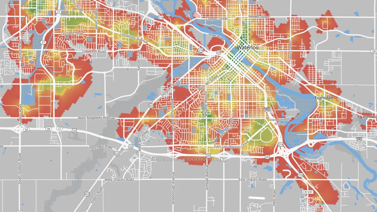 Walk Grade map of 50701, IA, walkable areas in green and car-dependent areas in red