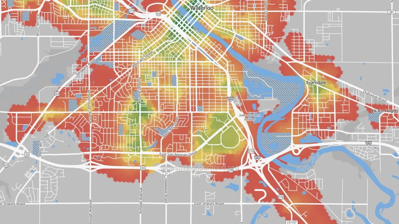 Walk Grade map of 50702, IA, walkable areas in green and car-dependent areas in red