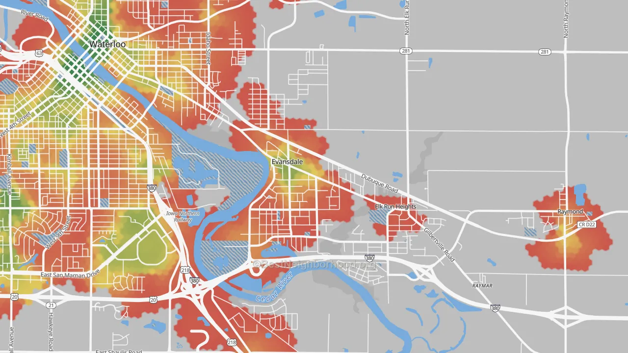 Walk Grade map of 50707, IA, walkable areas in green and car-dependent areas in red